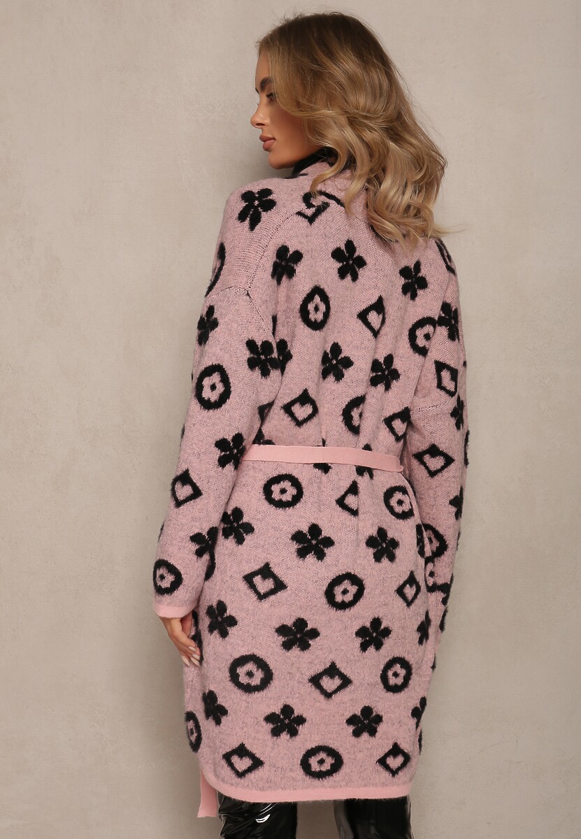 Różowy Kardigan z Wiązanym Paskiem Ozdobiony Wzorem w Kwiaty Timonen