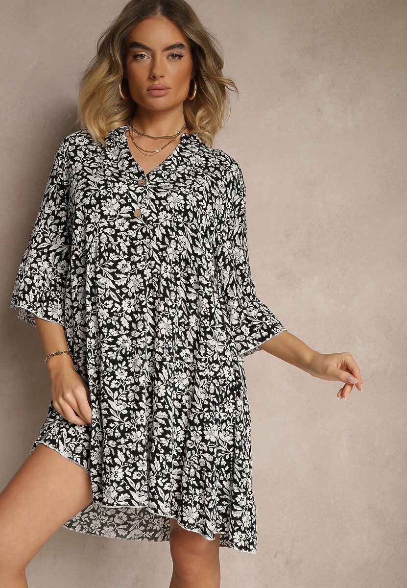 Czarna Rozkloszowana Sukienka z Bawełny Zdobiona Kwiatowym Wzorem Jenelitia