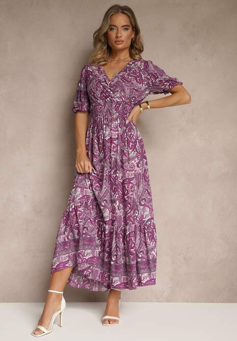 Ciemnoróżowa Rozkloszowana Sukienka z Bawełny Zdobiona Wzorem Paisley Folitea