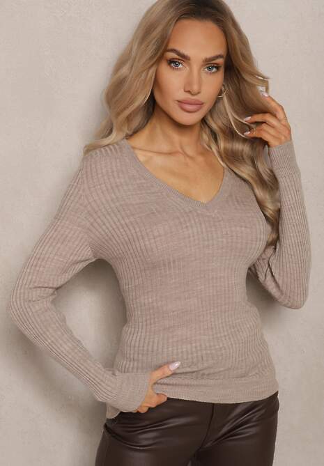 Ciemnobeżowy Prążkowany Sweter z Dekoltem V Deriary