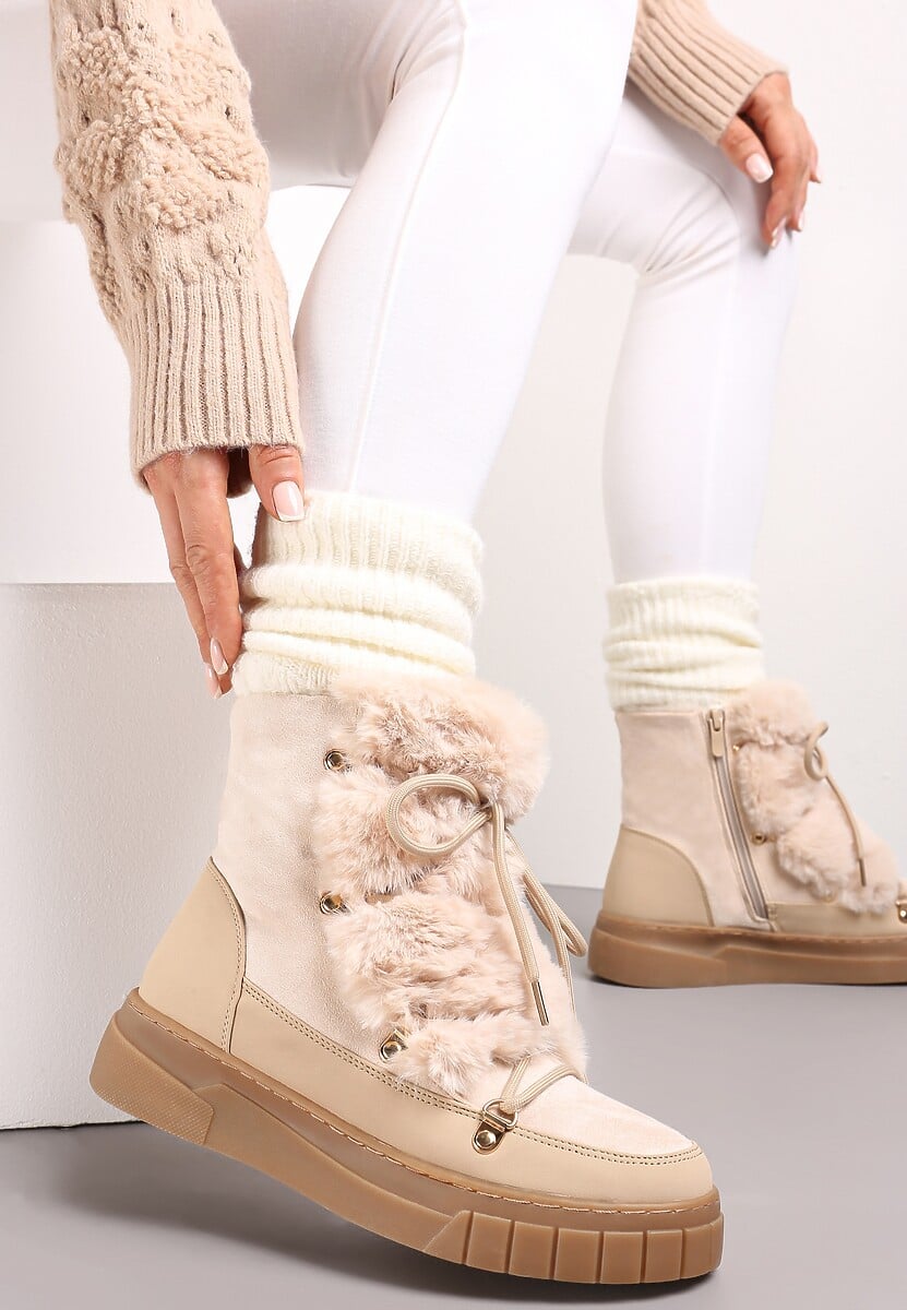 Beżowe Mocno Ocieplone Śniegowce z Futerkiem Wzdłuż Wiązania  Avivina
