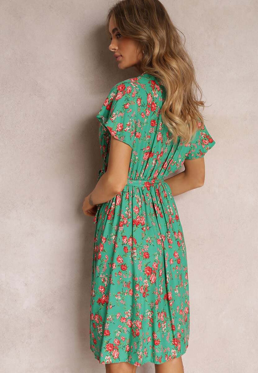 Zielona Wiskozowa Sukienka Midi w Kwiaty z Gumką w Pasie i Materiałowym Paskiem Aidenia