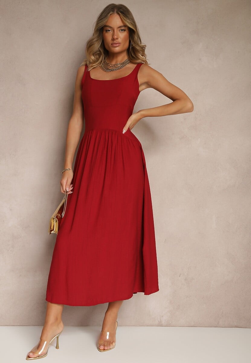 Bordowa Rozkloszowana Sukienka z Wiskozy Milunisa