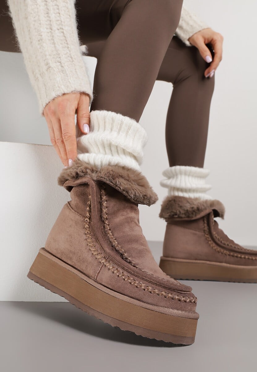 Ciemnobeżowe Śniegowce Ozdobione Haftem Rawedena