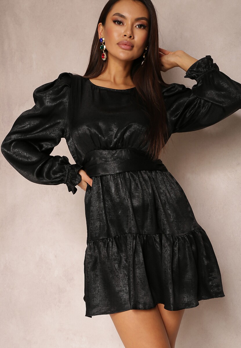 Czarna Sukienka Metaliczna z Bufiastym Rękawem Cany