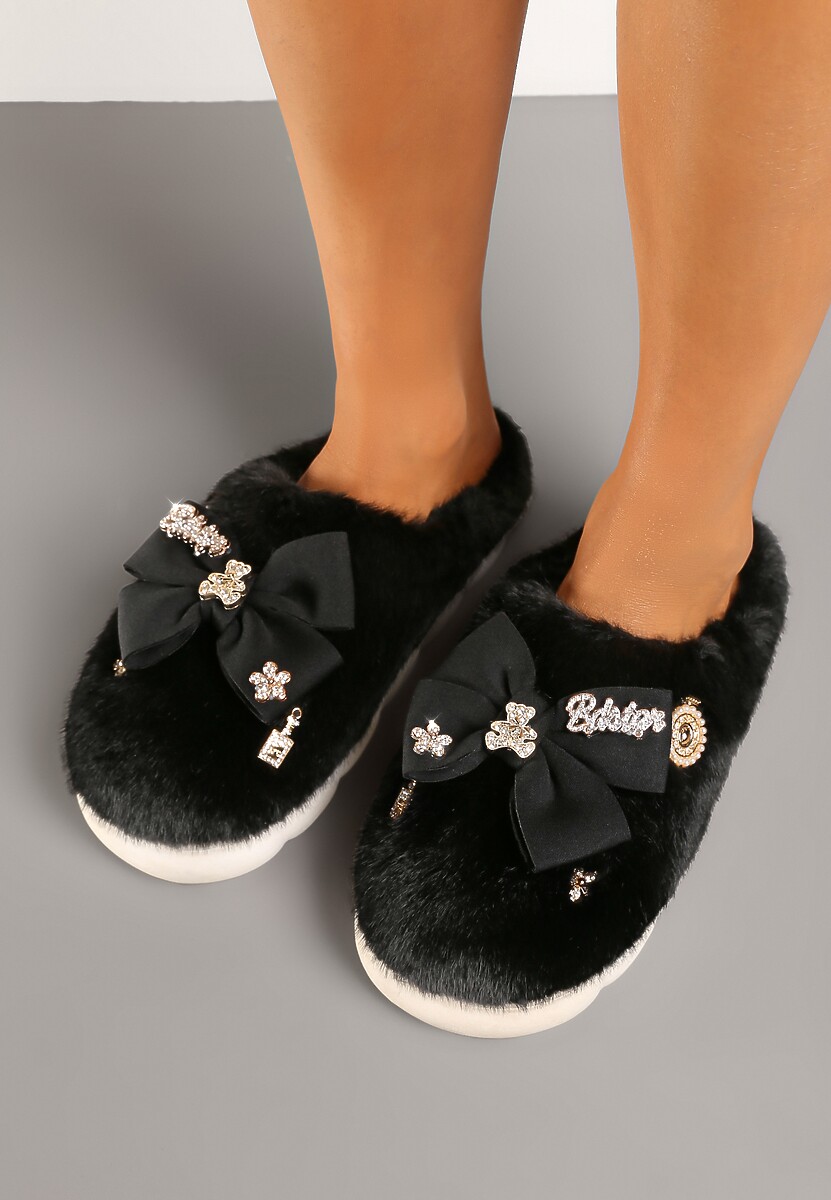 Czarne Kapcie na Płaskiej Podeszwie z Futerkiem Kokardą i Cyrkoniami Mianoria