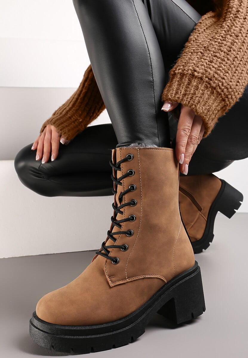 Brązowe Botki Sztyblety za Kostkę na Platformie z Elastyczną Wstawką Adelaine