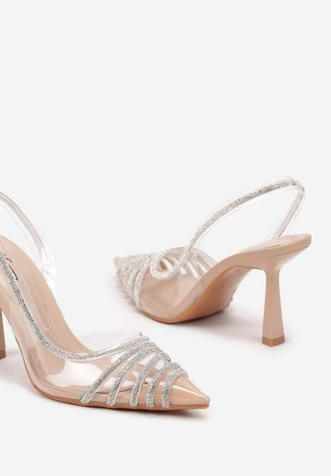 Beżowe Transparentne Sandały na Obcasie ze Szpiczastym Noskiem i Cyrkoniami Felissin