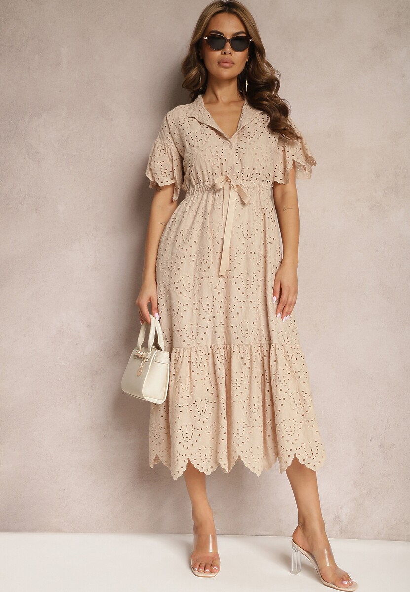 Biała Bawełniana Sukienka o Rozkloszowanym Kroju z Haftem z Guzikami i Gumką w Pasie Lovarae