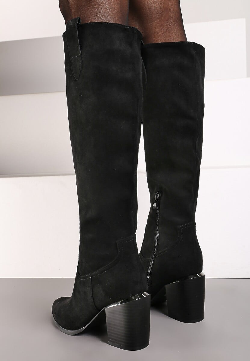 Czarne Kozaki Vices na Słupku Ozdobione Metaliczną Wstawką Moriane