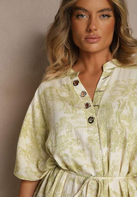 Zielona Sukienka Oversize z Wiskozą i Abstrakcyjnym Motywem Lunisana