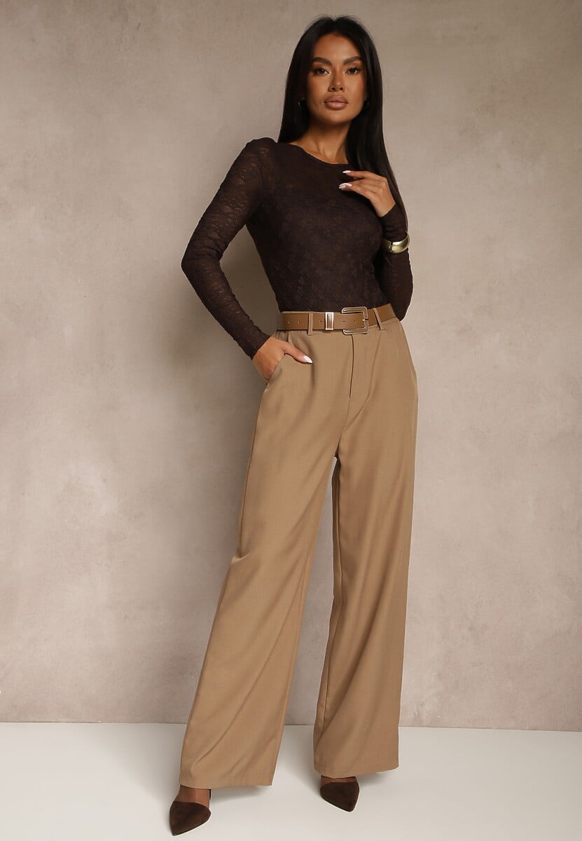 Brązowe Szerokie Spodnie Garniturowe z Wysokim Stanem i Paskiem z Klamrą Fevelira