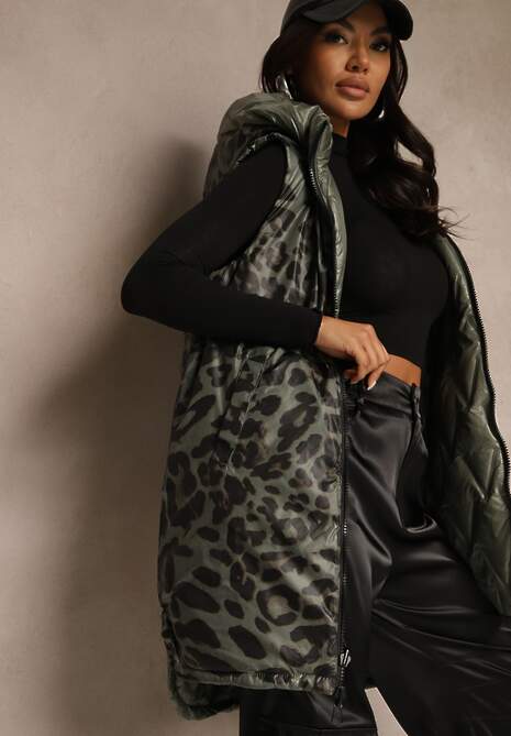 Zielona Kamizelka Dwustronna z Pikowanymi Przeszyciami i Kapturem Erisabe