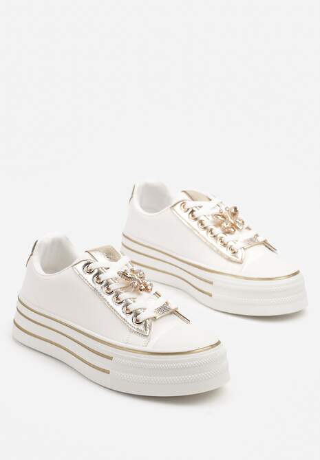 Biało-Złote Trampki na Platformie z Ozdobną Aplikacją w Kształcie Motyla Haniriel