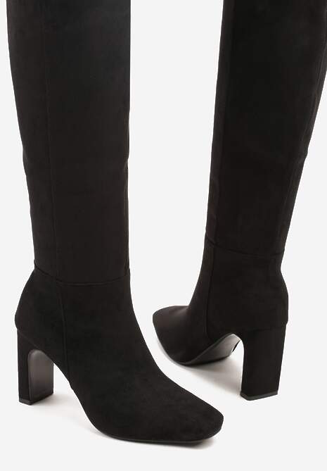 Czarne Klasyczne Kozaki z Imitacji Zamszu na Słupkowym Obcasie Miosa