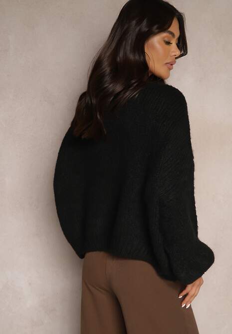 Czarny Kardigan z Wełną o Kroju Oversize z Wiązanymi Kokardami Elearina