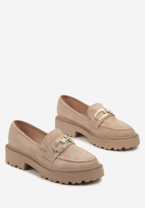 Ciemnobeżowe Mokasyny na Płaskim Obcasie z Klamrą z Cyrkonii Laviressa