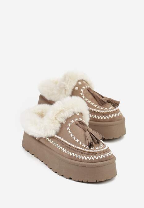 Ciemnobeżowe Śniegowce na Platformie Ozdobione Frędzlami i Haftem Ezivelle