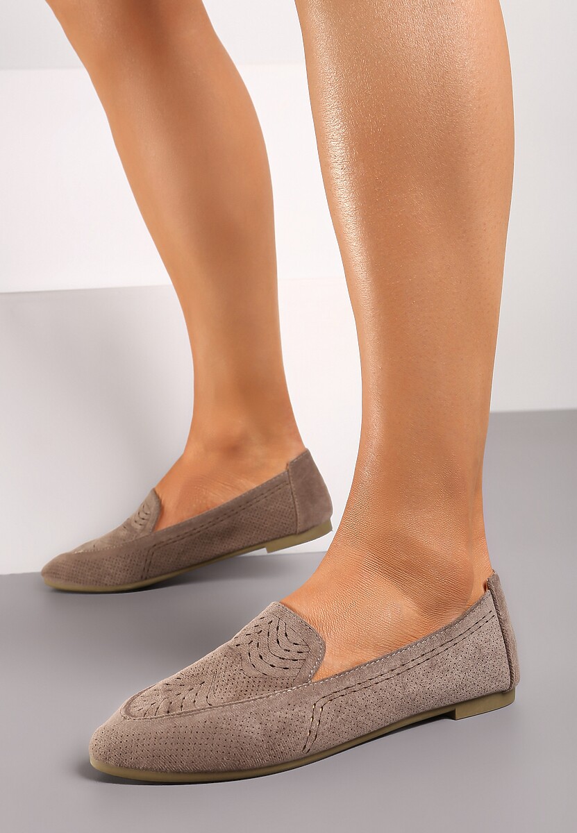 Ciemnobeżowe Ażurowe Mokasyny Balerinki z Wkładką ze Skóry Naturalnej Ollana