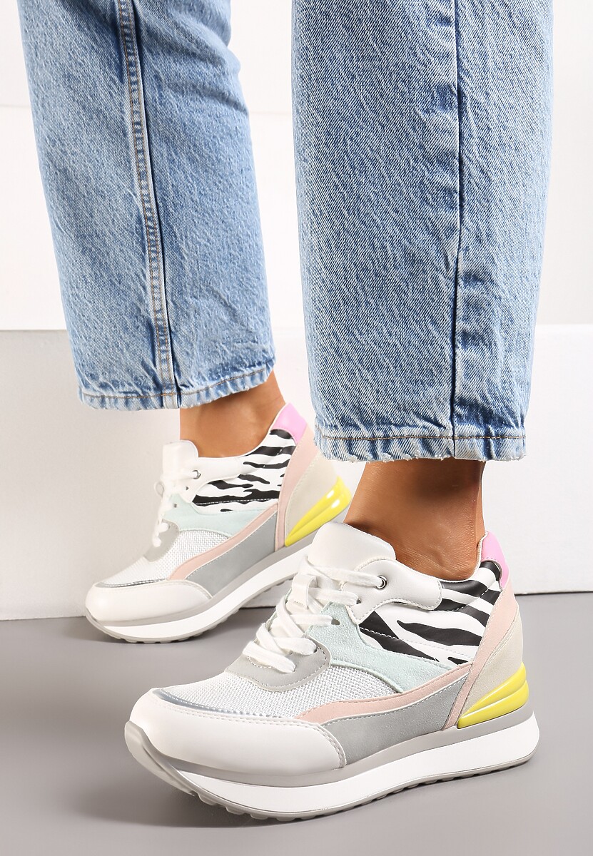 Białe Sneakersy na Ukrytym Niewysokim Koturnie z Brokatem Fioralan