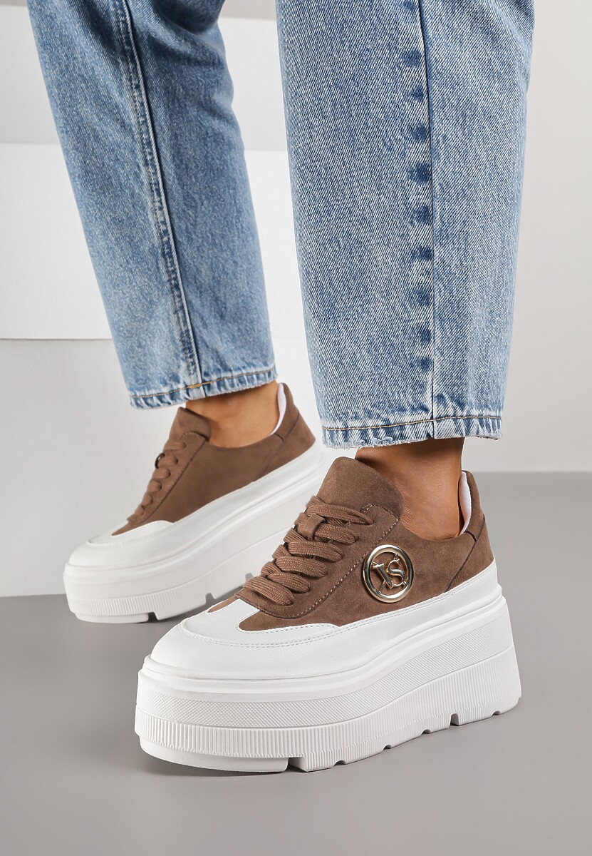 Brązowo-Białe Chunky Sneakersy Vices na Platformie z Okrągłym Detalem Sedvira