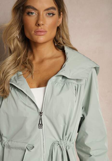 Jasnozielona Kurtka w Stylu Parki Wiązana w Pasie Nevithia