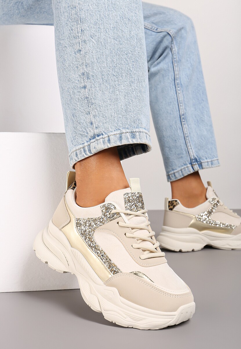 Beżowe Sneakersy na Platformie z Tłoczeniem Ozdobione Cekinami Narisae