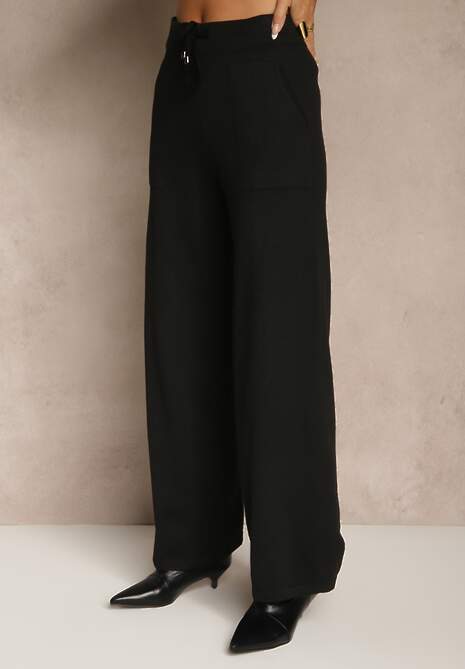 Jasnobeżowy Komplet z Dzianiny Spodnie Wide Leg i Retro Kardigan Giosila