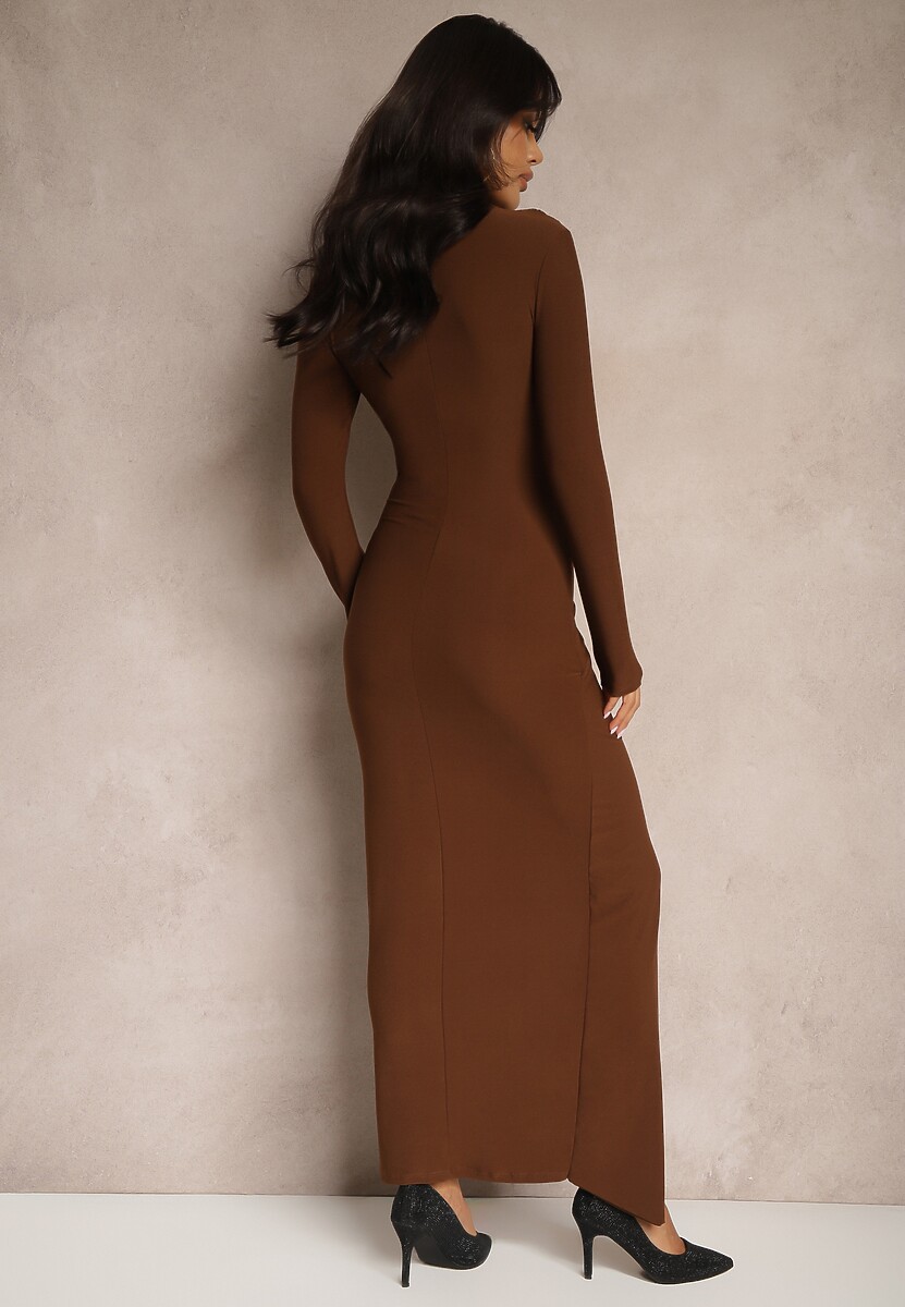 Brązowa Koktajlowa Sukienka Półgolf Ozdobiona Marszczeniami Emivelleth