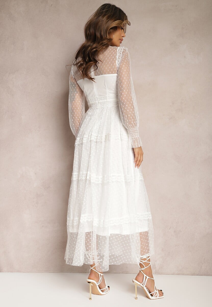 Biała Koronkowa Sukienka Rozkloszowana z Falbanką Faberlla