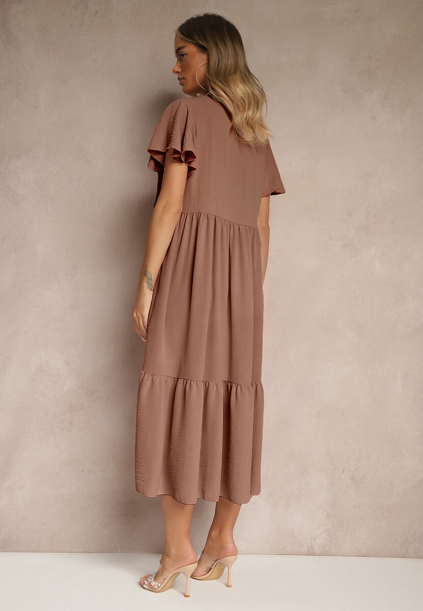 Brązowa Rozkloszowana Sukienka z Wiskozą w Casualowym Stylu Filarenna