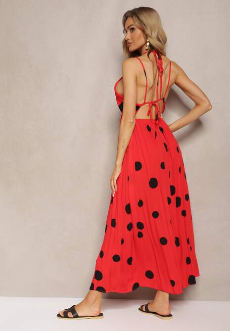 Czerwona Wiskozowa Sukienka z Gumką w Pasie i Wiązaniem na Szyi i Plecach Kamaries