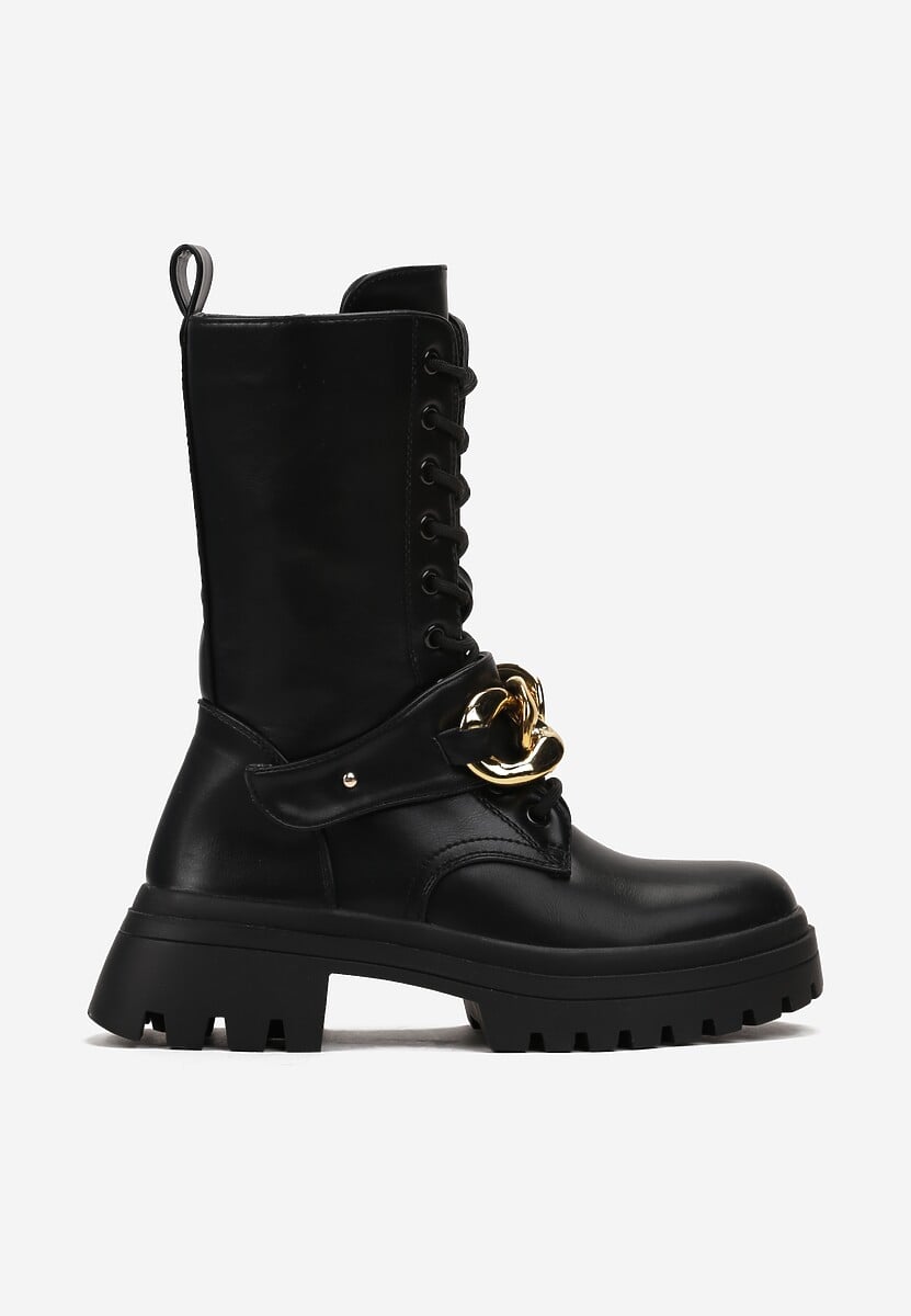 Czarne Botki o Fasonie Wysokich Workerów z Paskiem i Łańcuchem na Grubej Podeszwie Evensa