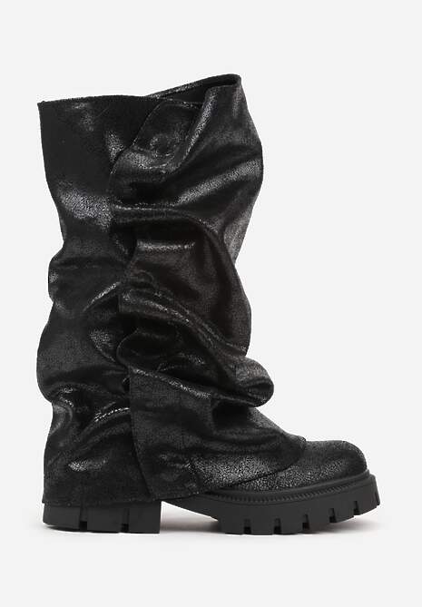 Czarne Botki na Platformie Ozdobione Wywiniętą Cholewką Nenalea