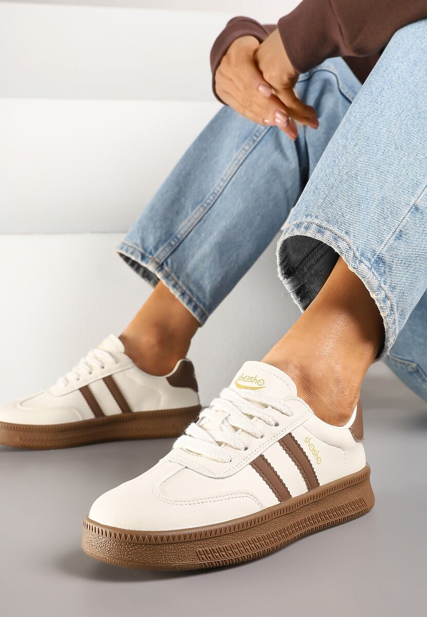 Beżowo-Brązowe Sneakersy Sportowe z Ozdobnymi Paskami i Przeszyciami Wenilan