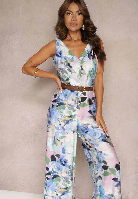 Niebieski Taliowany Kombinezon na Ramiączkach w Kwiatowy Wzór Ilvitela