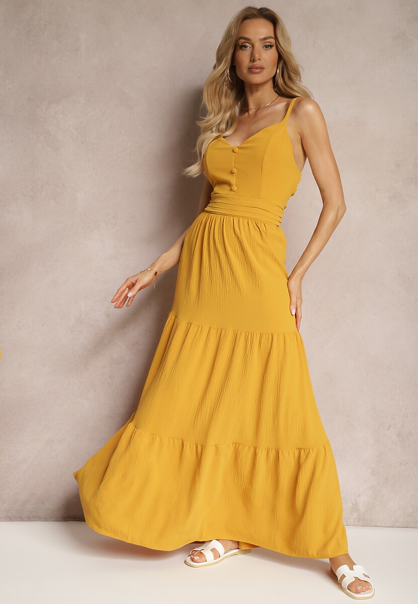 Granatowa Sukienka na Ramiączkach z Regulacją z Gumką w Talii i Falbanką Faviara