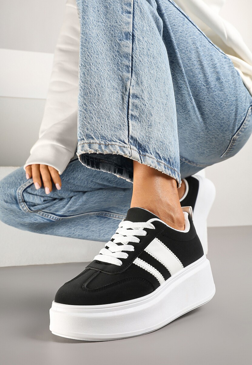 Ciemnobeżowe Sneakersy Klasyczne Tenisówki na Grubej Podeszwie z Koturnem i Paskami Ozdobionymi Printem  w Łaty Adessia