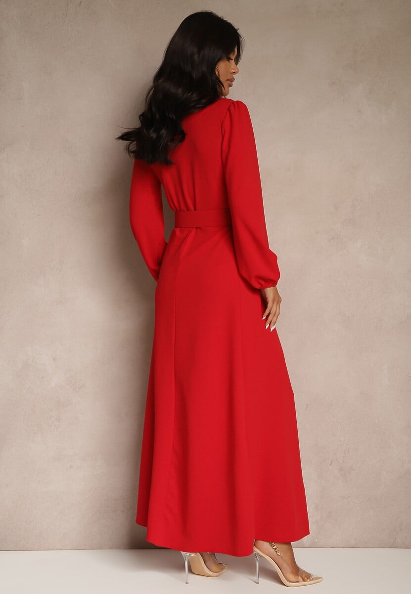 Czerwona Koktajlowa Sukienka o Rozkloszowanym Kroju z Ozdobnym Paskiem Feliera