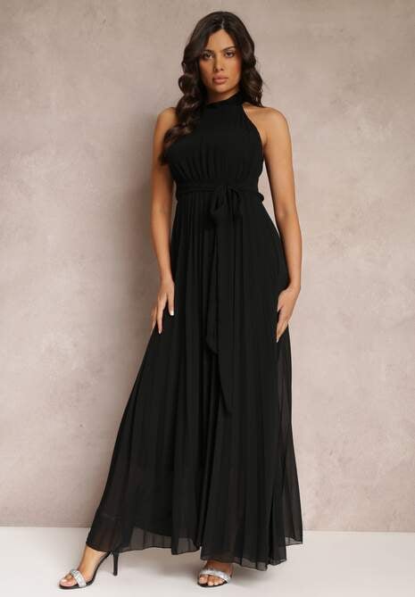 Czarna Sukienka Maxi bez Rękawów z Gumką w Talii z Plisowanej Tkaniny Pesstia