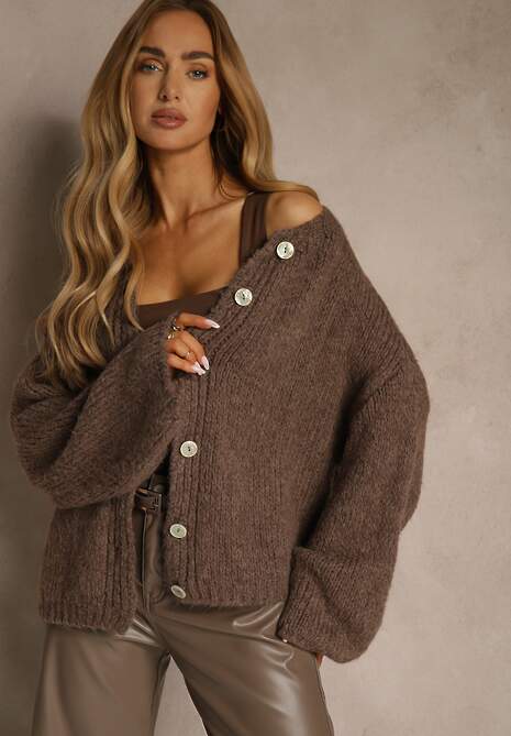 Jasnobrązowy Nietoperzowy Kardigan z Domieszką Wełny i Wiskozy Lianavia