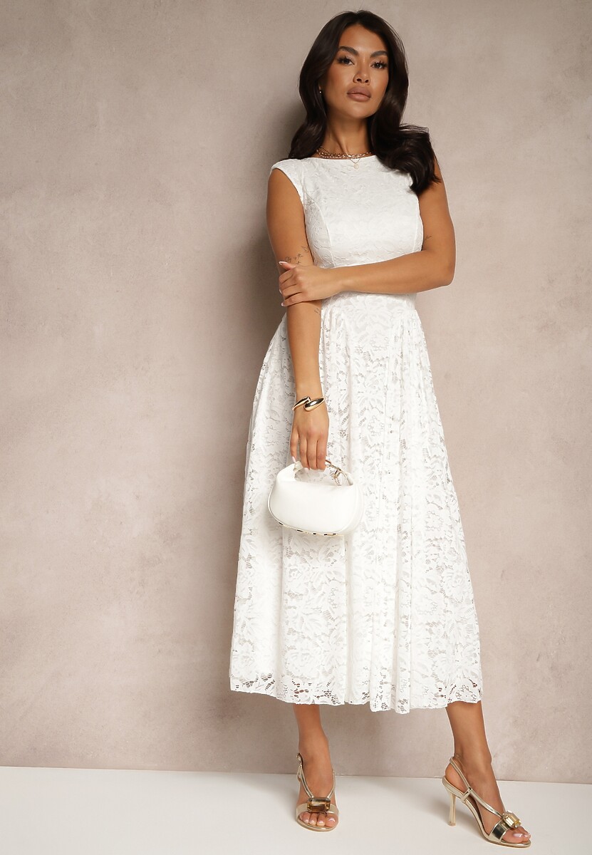 Biała Rozkloszowana Sukienka z Koronki z Wycięciem na Plecach Meltewia