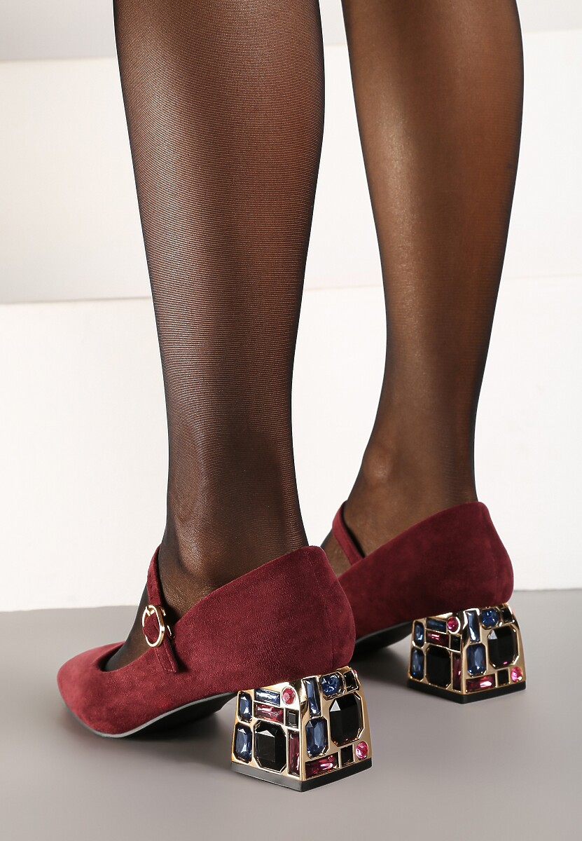 Bordowe Czółenka Vices na Obcasie z Biżuteryjnym Zdobieniem ze Sprzączką i Skórzaną Wkładką Aletan