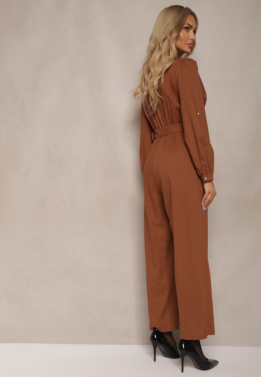 Brązowy Kopertowy Kombinezon z Bawełny z Dodatkowym Paskiem i Gumką w Talii Rinnarela
