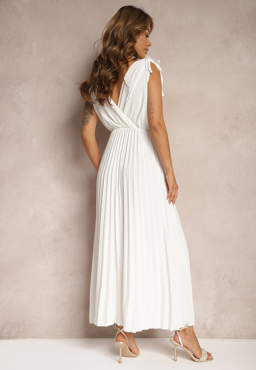 Biała Rozkloszowana Sukienka Plisowana z Wiskozą i Bawełną Wykończona Gumką w Talii Yefia