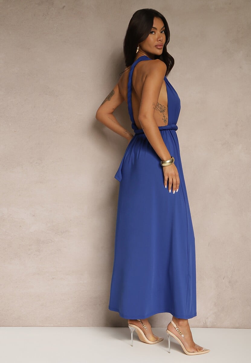 Niebieska Sukienka Koktajlowa Multiway z Wiskozą Wiązana na Szyi Lilovea