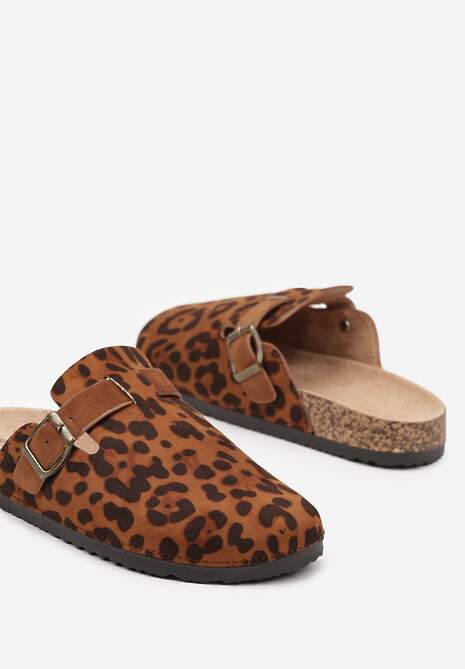 Panterkowe Klapki na Płaskiej Korkowej Podeszwie z Zakrytym Przodem Ozdobione Klamrą Atheine
