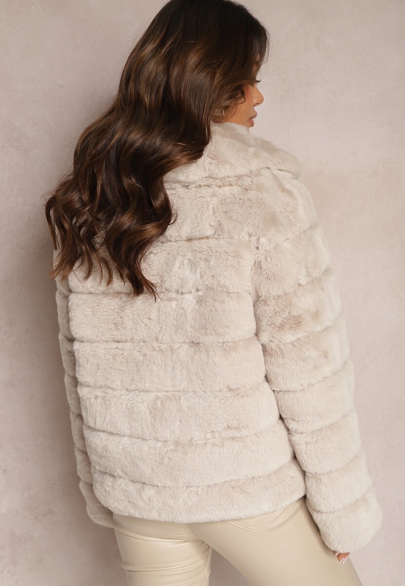 Beżowa Futrzana Kurtka z Wywiniętym Kołnierzem Snaline