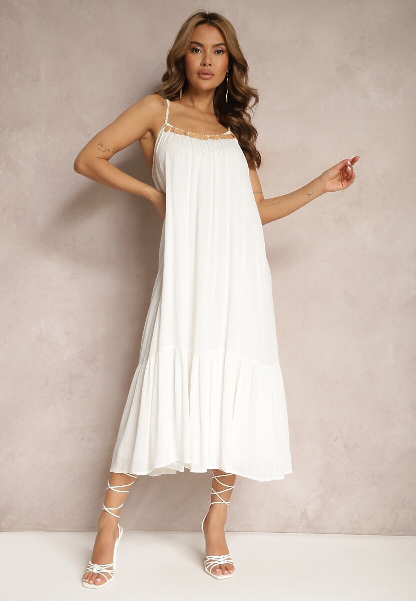 Biała Sukienka z Wiskozy na Ramiączkach Zdobiona Cekinami i Metaliczną Nitką Beloe