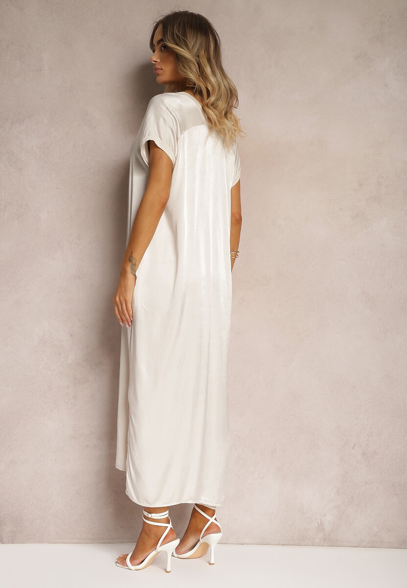 Jasnobeżowa Casualowa Sukienka z Wiskozy Oversize o Pudełkowym Kroju Morarose